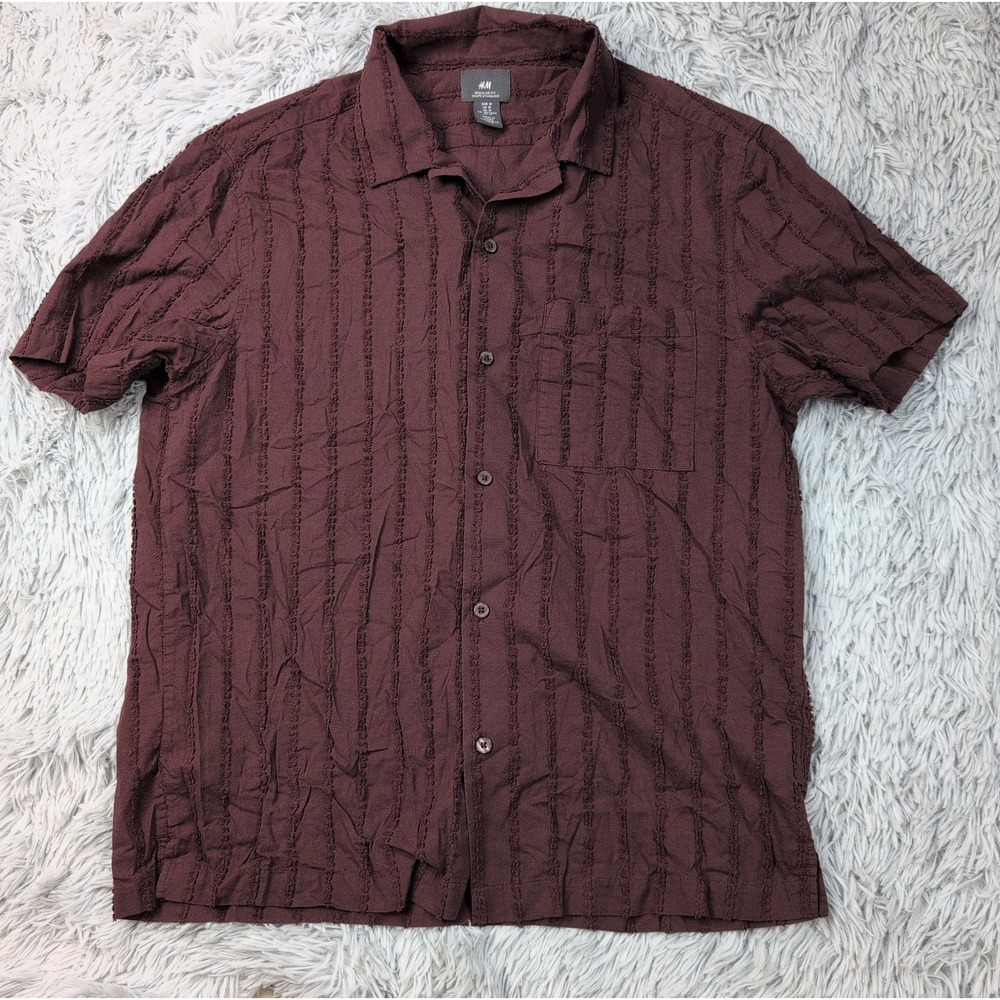 H&M Shirt Womens M Brown Top Button Up Blouse Comfort Preppy Lightweight Texture